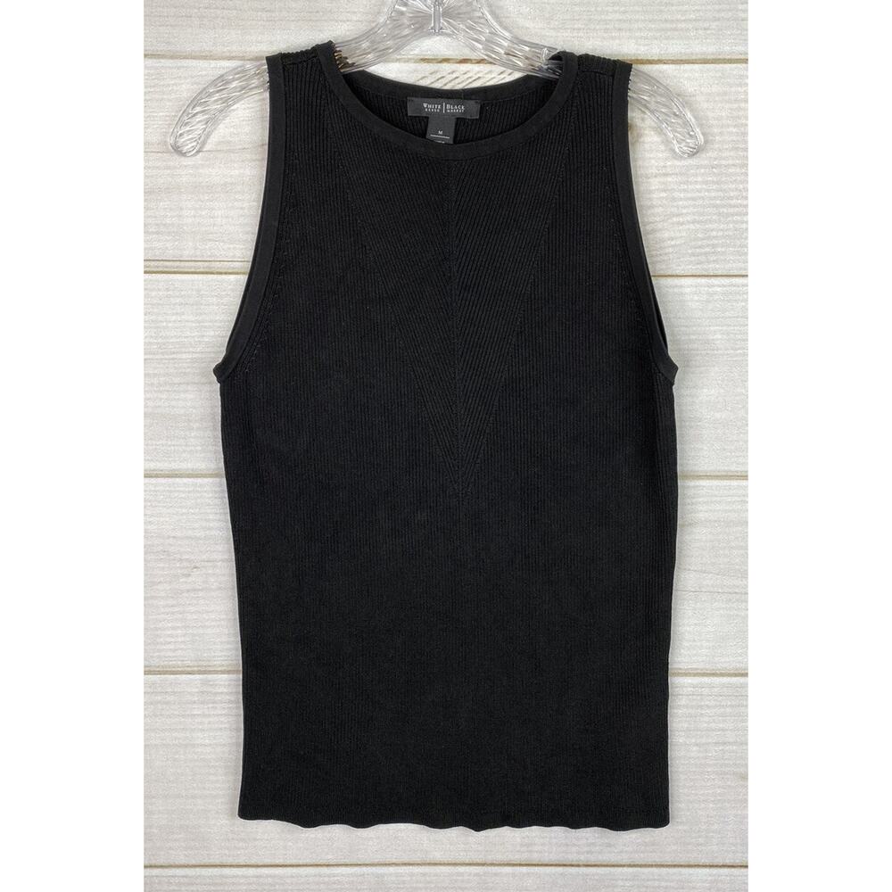 White House Black Market Top Womens M Black Ribbed Knit Sweater Tank Stretch